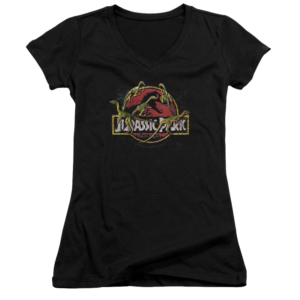 Jurassic Park Something Has Survived Junior Sheer Cap Sleeve V-Neck Womens T Shirt Black