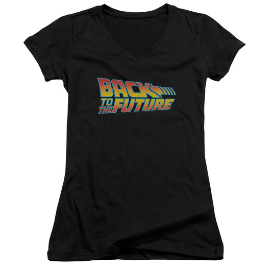 Back To The Future Logo Junior Sheer Cap Sleeve V-Neck Womens T Shirt Black