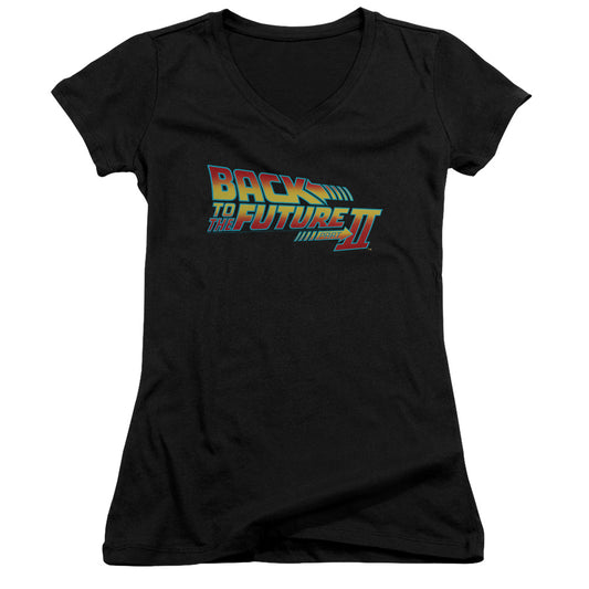 Back To The Future II Logo Junior Sheer Cap Sleeve V-Neck Womens T Shirt Black