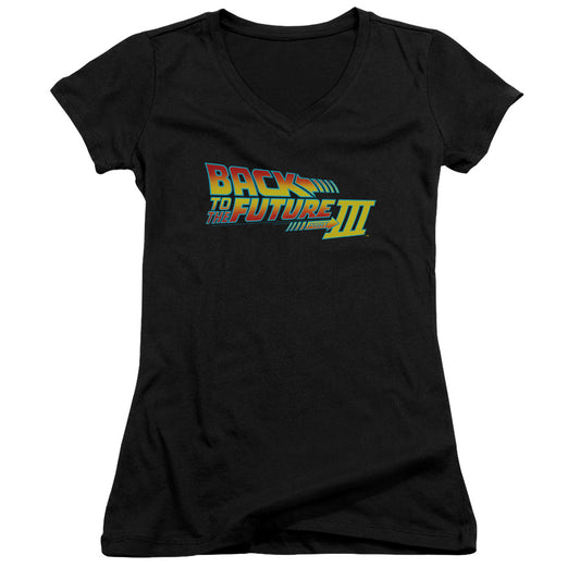 Back To The Future III Logo Junior Sheer Cap Sleeve V-Neck Womens T Shirt Black