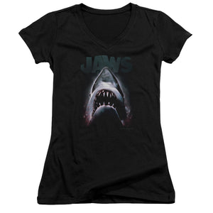 Jaws Terror In The Deep Junior Sheer Cap Sleeve V-Neck Womens T Shirt Black