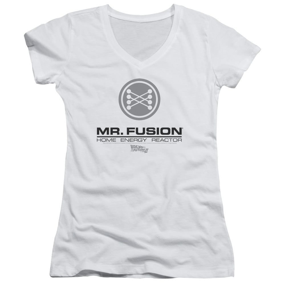 Back To The Future II Mr. Fusion Logo Junior Sheer Cap Sleeve V-Neck Womens T Shirt White