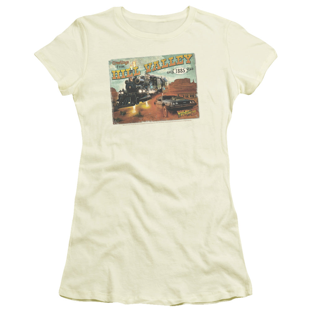 Back To The Future III Hill Valley Postcard Junior Sheer Cap Sleeve Womens T Shirt Cream