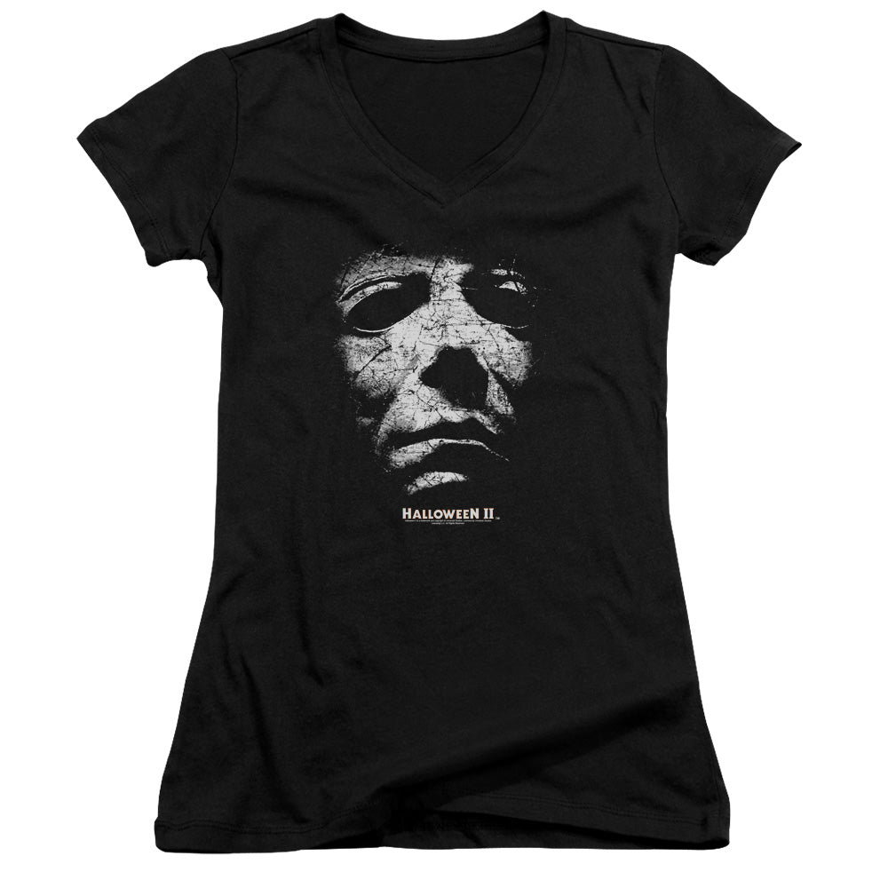 Halloween II Mask Junior Sheer Cap Sleeve V-Neck Womens T Shirt Black