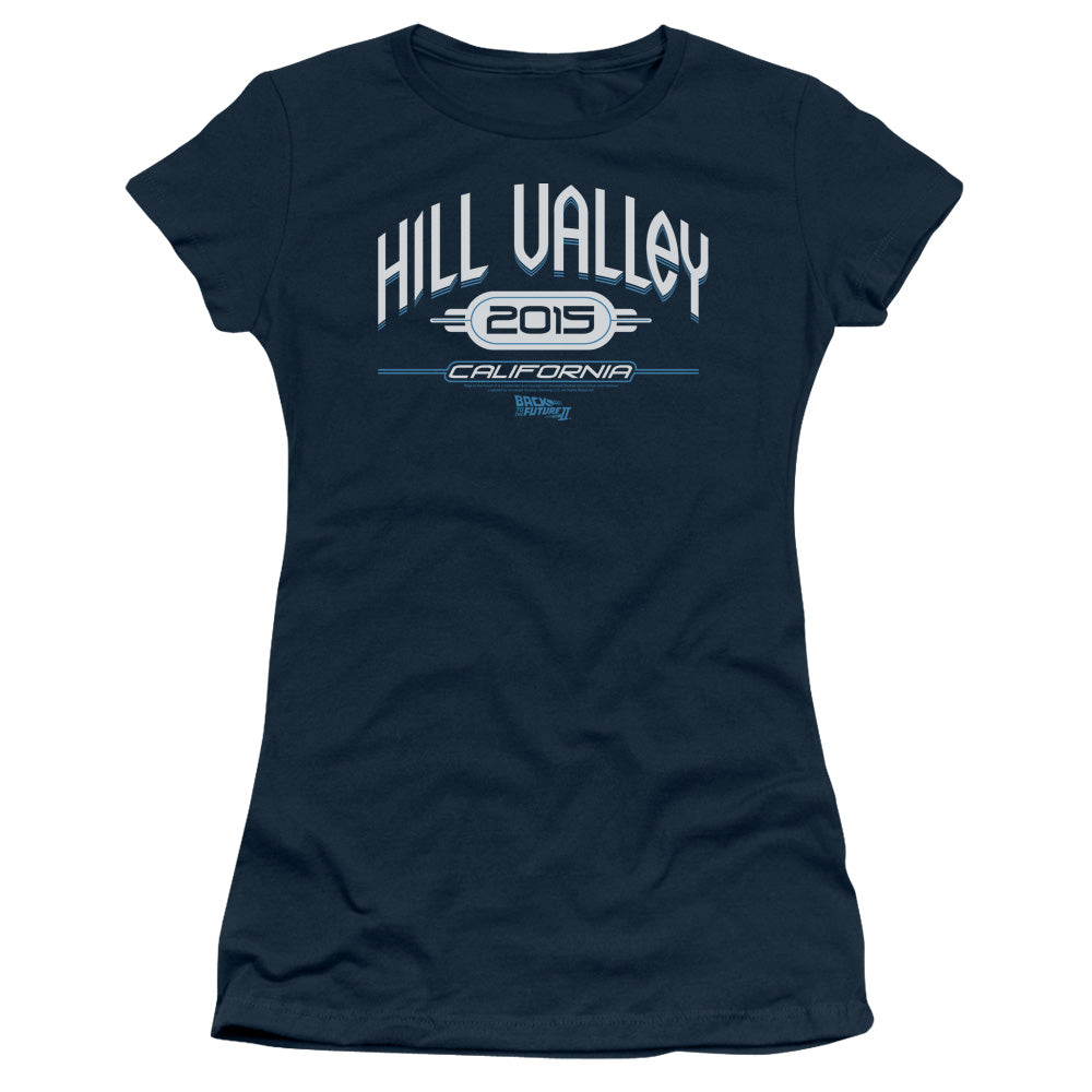 Back To The Future II Hill Valley 2015 Junior Sheer Cap Sleeve Womens T Shirt Navy Blue