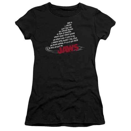 Jaws Dorsal Text Junior Sheer Cap Sleeve Womens T Shirt Black