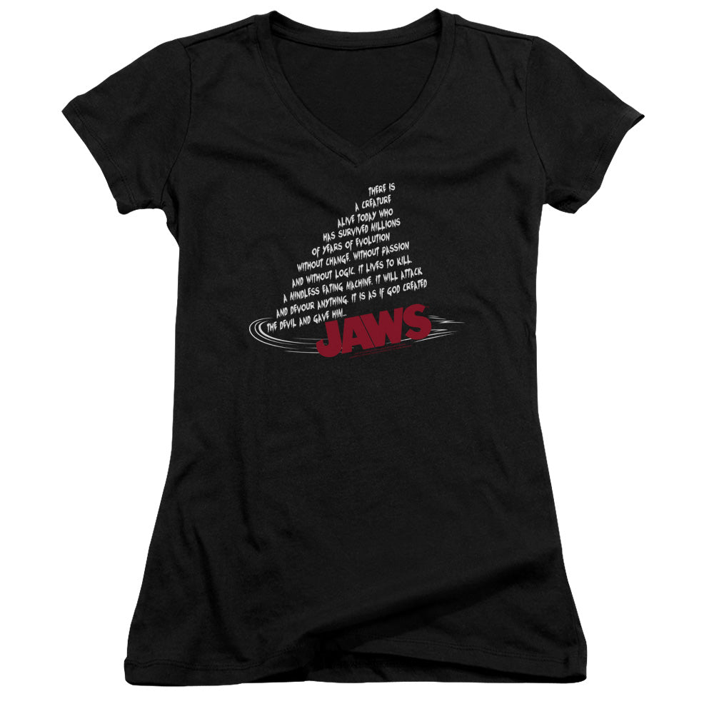 Jaws Dorsal Text Junior Sheer Cap Sleeve V-Neck Womens T Shirt Black