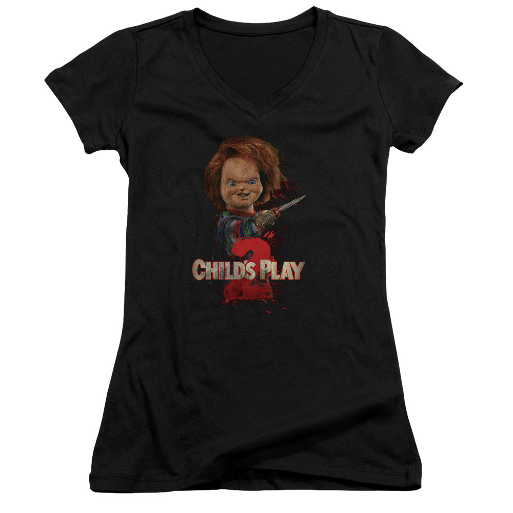 Childs Play 2 Heres Chucky Junior Sheer Cap Sleeve V-Neck Womens T Shirt Black