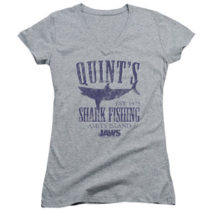 Jaws Quints Junior Sheer Cap Sleeve V-Neck Womens T Shirt Athletic Heather