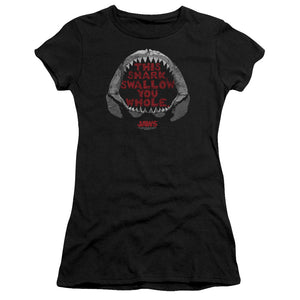 Jaws This Shark Junior Sheer Cap Sleeve Womens T Shirt Black