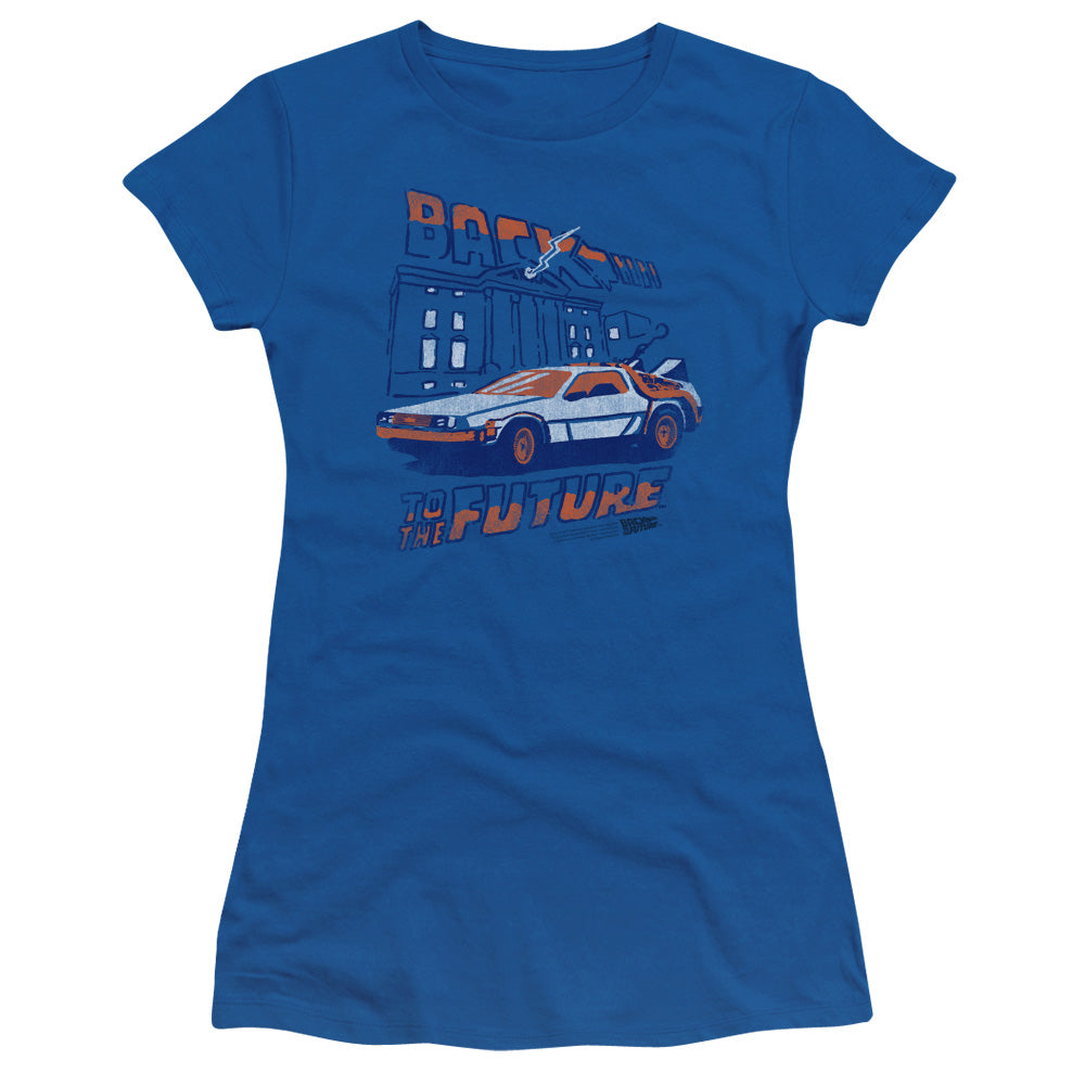 Back To The Future Lightning Strikes Junior Sheer Cap Sleeve Womens T Shirt Royal Blue