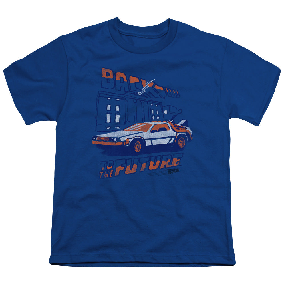 Back To The Future Lightning Strikes Kids Youth T Shirt Royal Blue