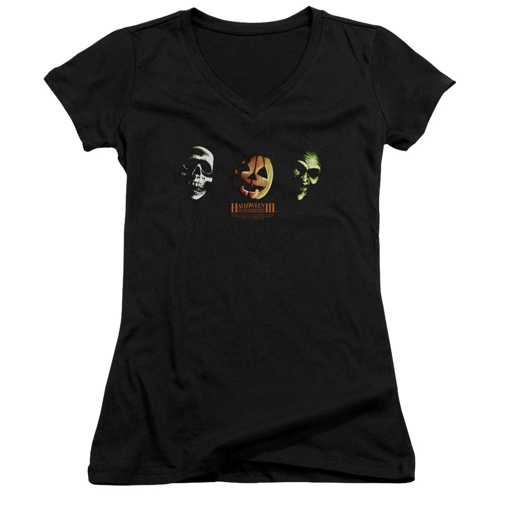 Halloween III Three Masks Junior Sheer Cap Sleeve V-Neck Womens T Shirt Black