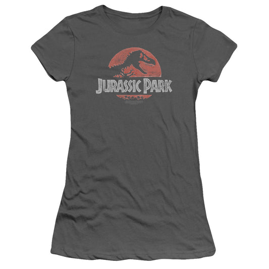 Jurassic Park Faded Logo Junior Sheer Cap Sleeve Womens T Shirt Charcoal