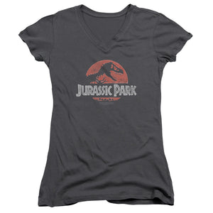 Jurassic Park Faded Logo Junior Sheer Cap Sleeve V-Neck Womens T Shirt Charcoal