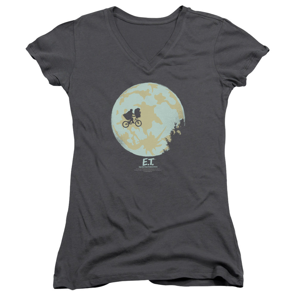 ET the Extra Terrestrial In The Moon Junior Sheer Cap Sleeve V-Neck Womens T Shirt Charcoal