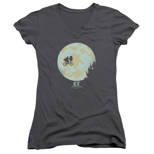 ET the Extra Terrestrial In The Moon Junior Sheer Cap Sleeve V-Neck Womens T Shirt Charcoal