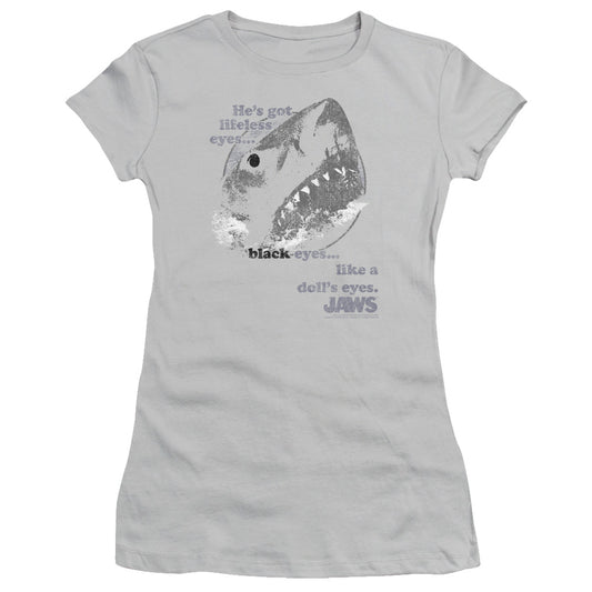 Jaws Like Dolls Eyes Junior Sheer Cap Sleeve Womens T Shirt Silver