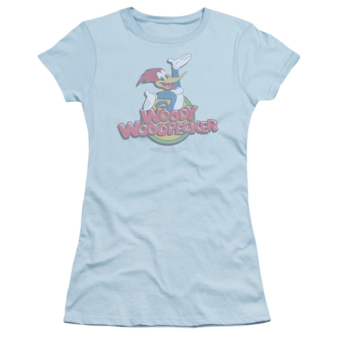 Woody Woodpecker Retro Fade Junior Sheer Cap Sleeve Womens T Shirt Light Blue