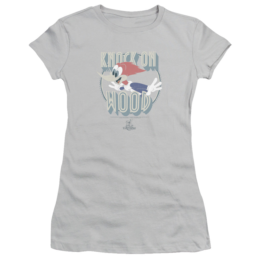 Woody Woodpecker Knock On Wood Junior Sheer Cap Sleeve Womens T Shirt Silver