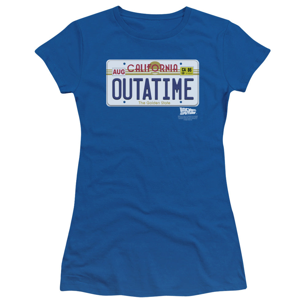 Back To The Future Outatime Plate Junior Sheer Cap Sleeve Womens T Shirt Royal Blue