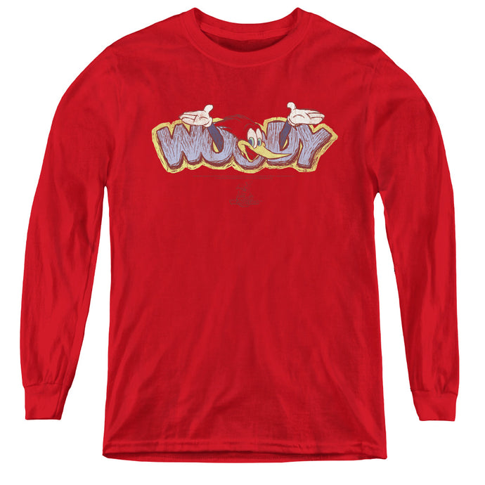 Woody Woodpecker Sketchy Bird Long Sleeve Kids Youth T Shirt Red