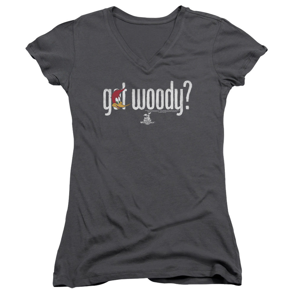 Woody Woodpecker Got Woody Junior Sheer Cap Sleeve V-Neck Womens T Shirt Charcoal