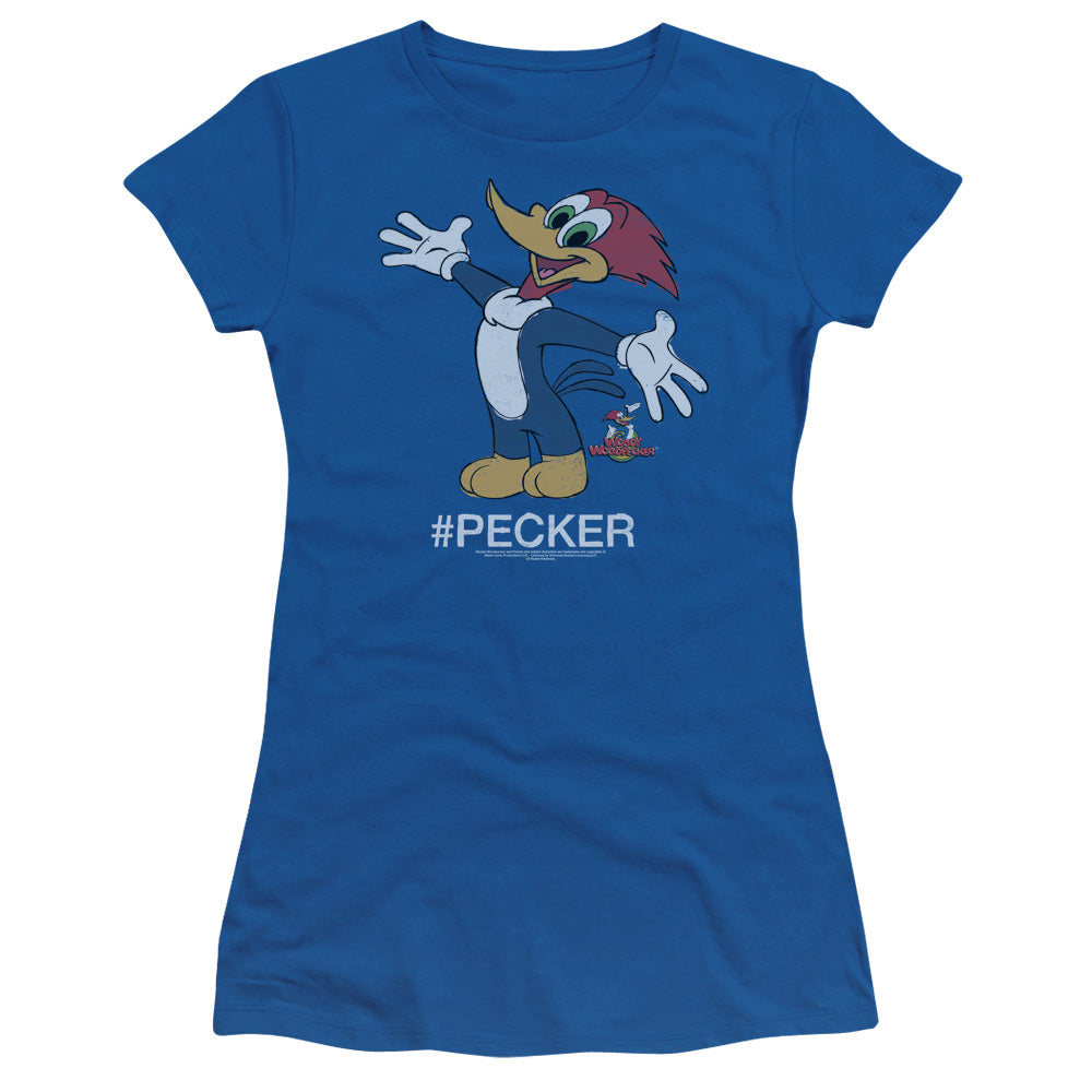 Woody Woodpecker Hashtag Woody Junior Sheer Cap Sleeve Womens T Shirt Royal Blue