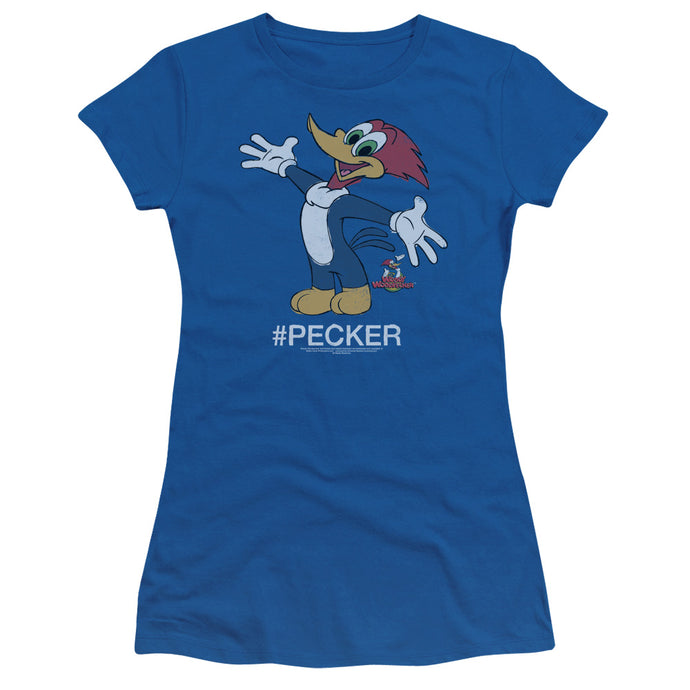 Woody Woodpecker Hashtag Woody Junior Sheer Cap Sleeve Womens T Shirt Royal Blue