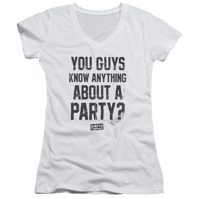 Dazed and Confused Party Time Junior Sheer Cap Sleeve V-Neck Womens T Shirt White