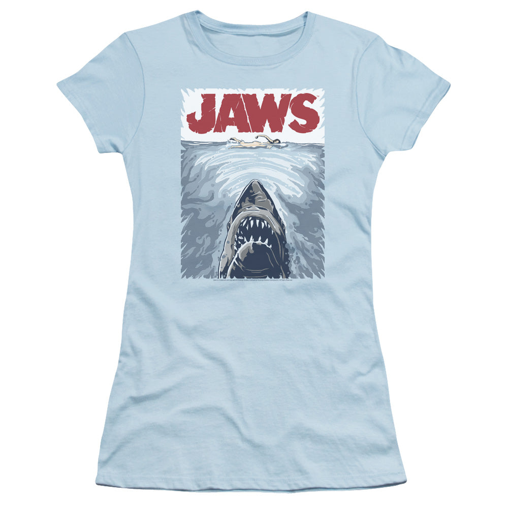 Jaws Graphic Poster Junior Sheer Cap Sleeve Womens T Shirt Light Blue