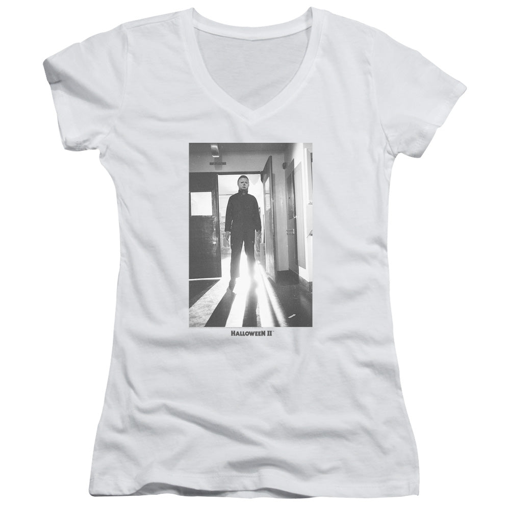 Halloween II Monster Junior Sheer Cap Sleeve V-Neck Womens T Shirt White