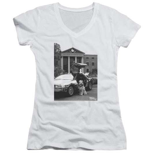 Back To The Future II Einstein Junior Sheer Cap Sleeve V-Neck Womens T Shirt White