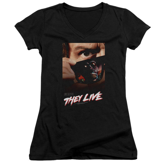 They Live Poster Junior Sheer Cap Sleeve V-Neck Womens T Shirt Black