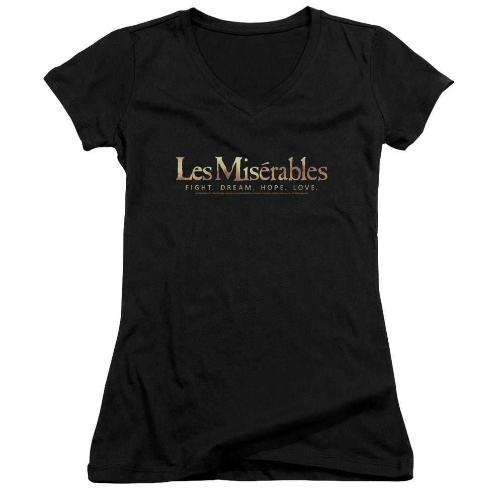 Les Miserables Logo Junior Sheer Cap Sleeve V-Neck Womens T Shirt Black