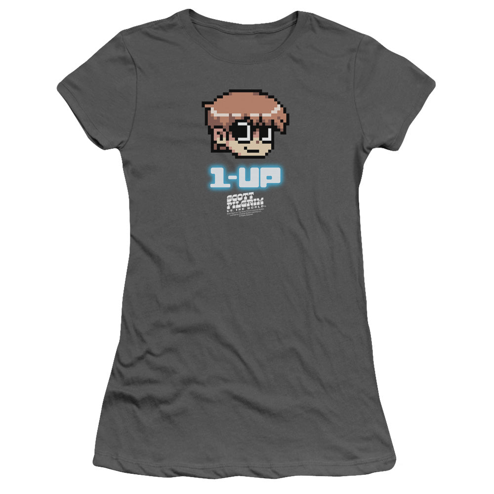 Scott Pilgrim Vs The World 1 Up Junior Sheer Cap Sleeve Womens T Shirt Charcoal