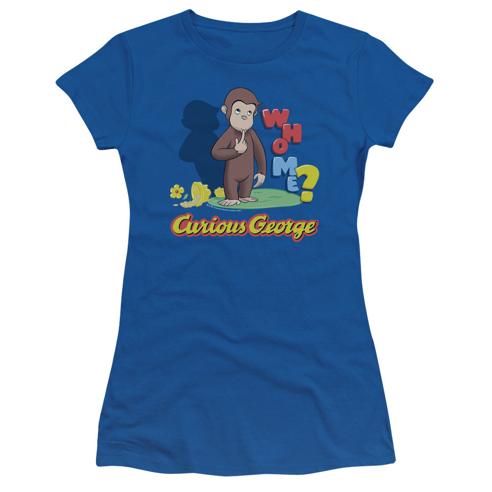 Curious George Who Me Junior Sheer Cap Sleeve Womens T Shirt Royal Blue