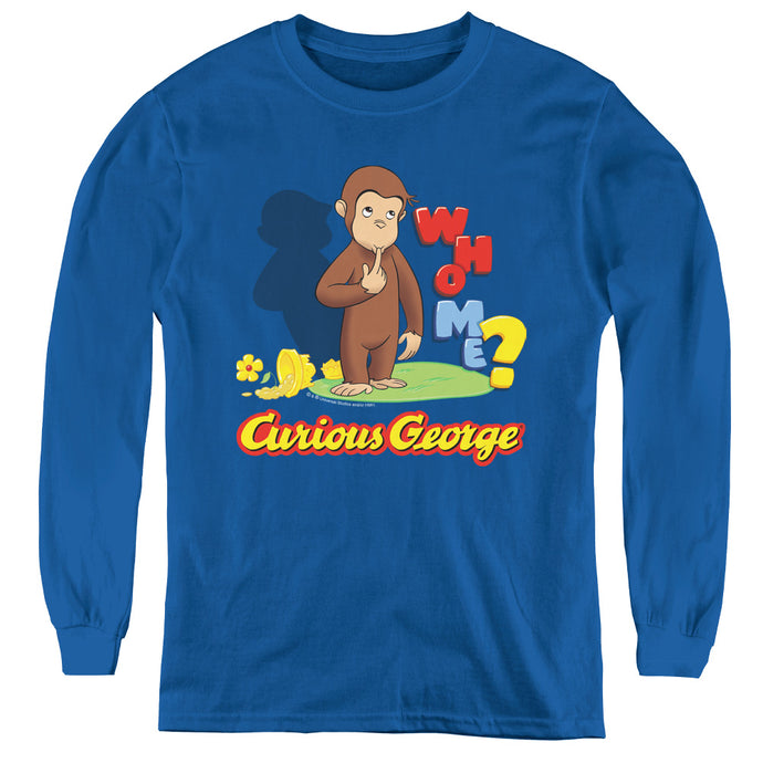 Curious George Who Me Long Sleeve Kids Youth T Shirt Royal Blue