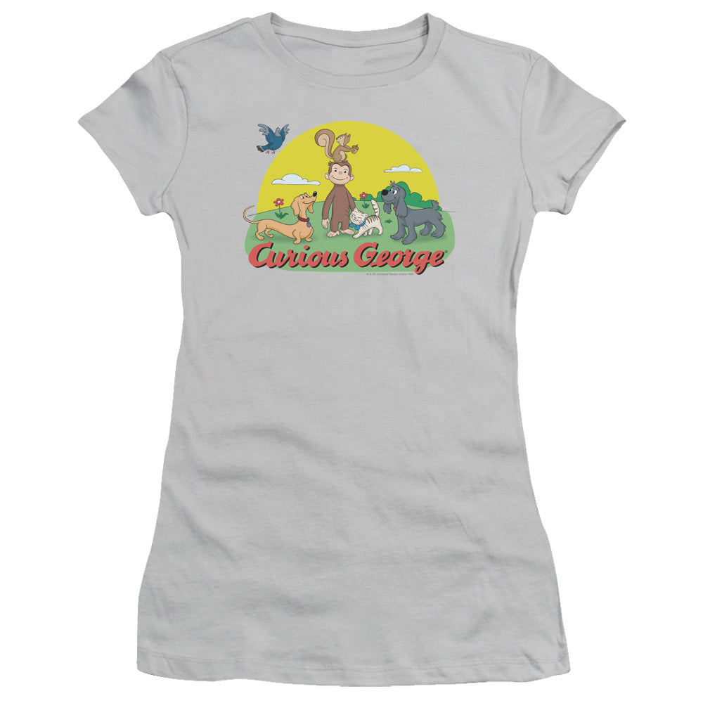 Curious George Sunny Friends Junior Sheer Cap Sleeve Womens T Shirt Silver