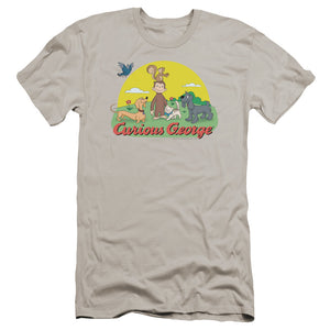 Curious George Sunny Friends Premium Bella Canvas Slim Fit Mens T Shirt Silver