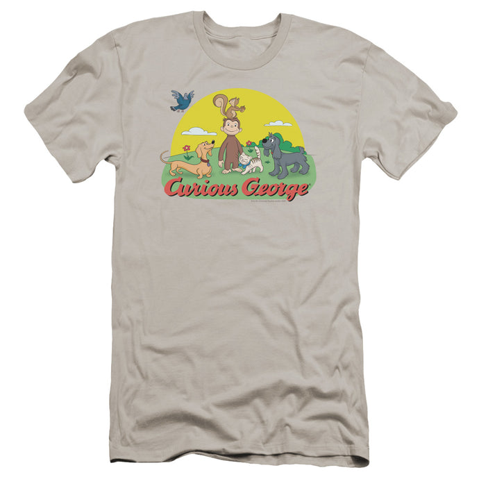 Curious George Sunny Friends Premium Bella Canvas Slim Fit Mens T Shirt Silver