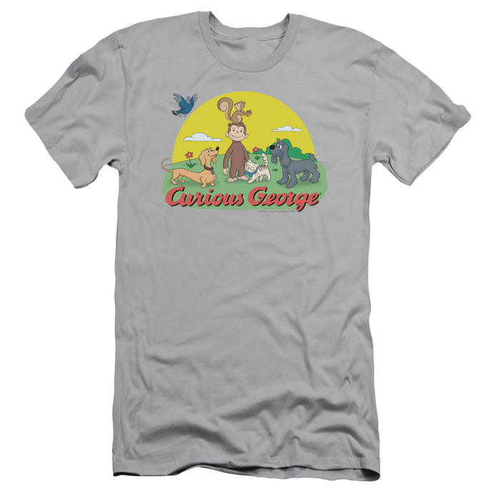 Curious George Sunny Friends Slim Fit Mens T Shirt Silver