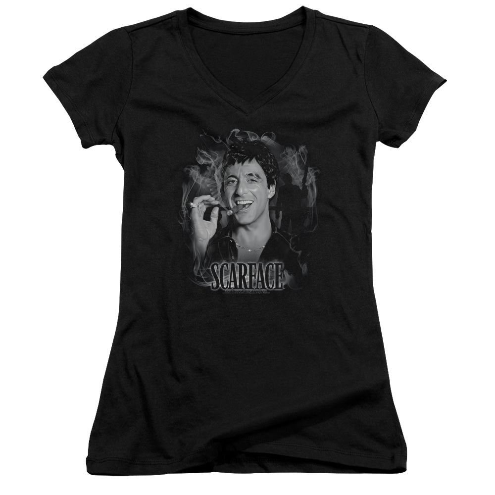 Scarface okey Scar Junior Sheer Cap Sleeve V-Neck Womens T Shirt Black