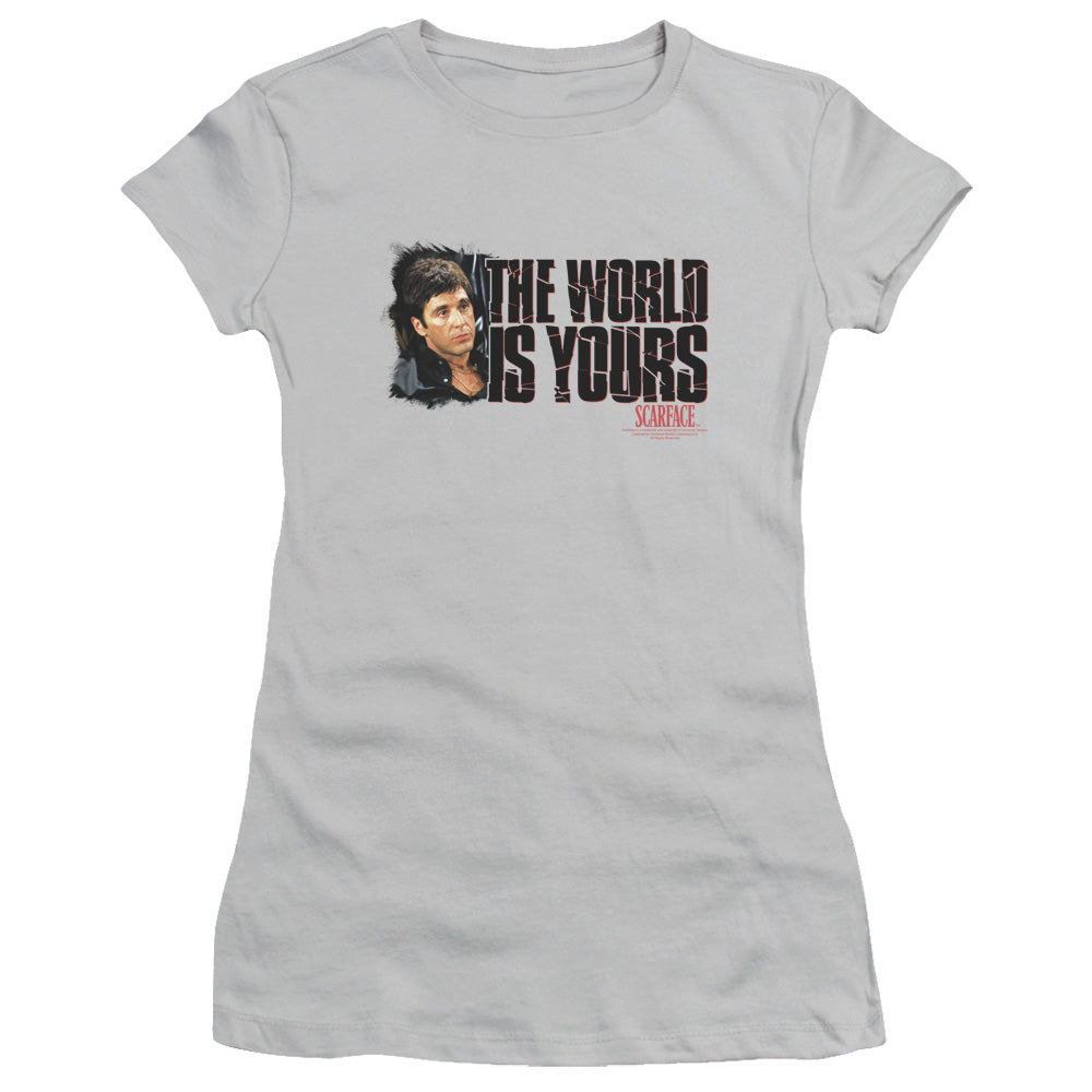 Scarface The World Is Yours Junior Sheer Cap Sleeve Womens T Shirt Silver