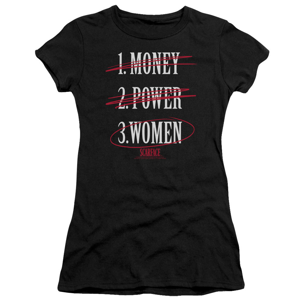 Scarface Money Power Women Junior Sheer Cap Sleeve Womens T Shirt Black