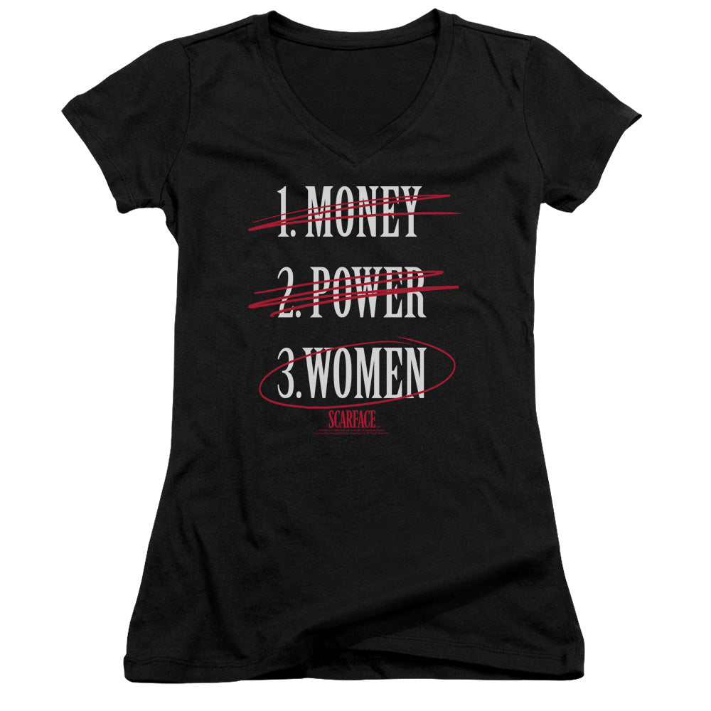 Scarface Money Power Women Junior Sheer Cap Sleeve V-Neck Womens T Shirt Black