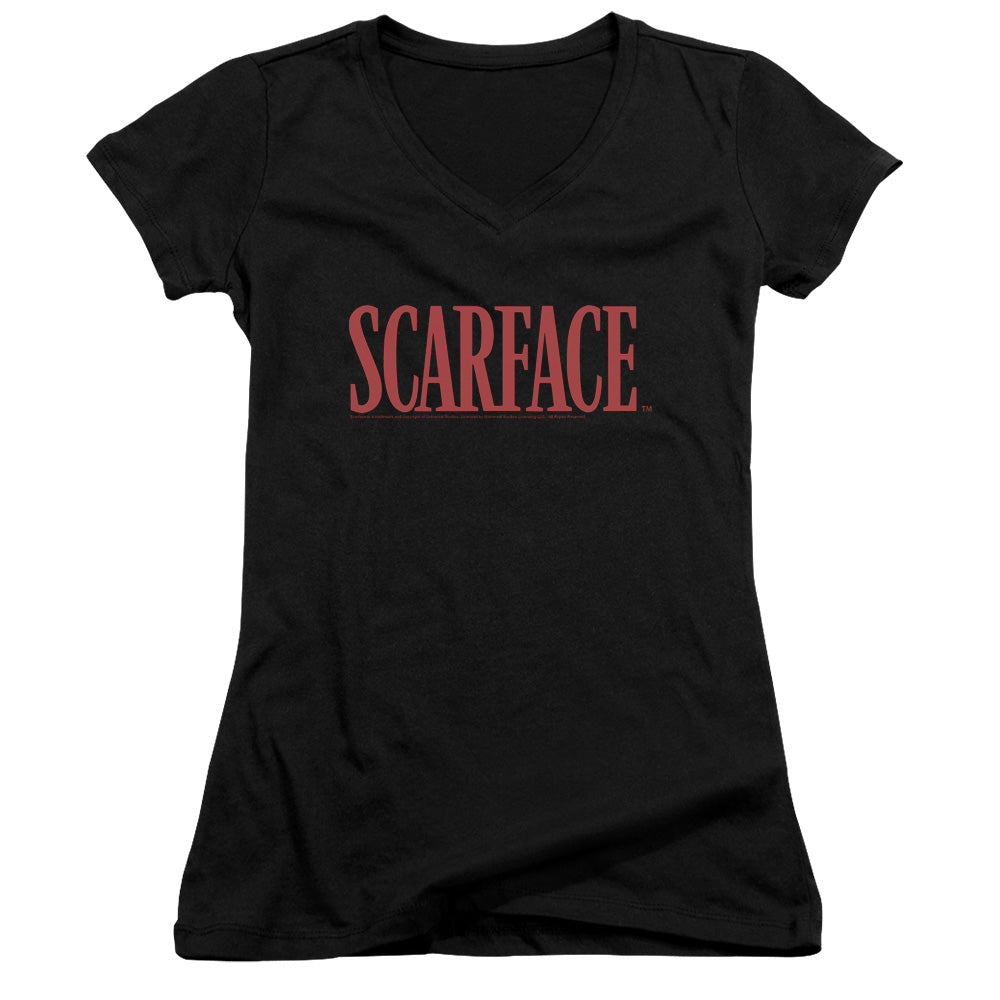 Scarface Logo Junior Sheer Cap Sleeve V-Neck Womens T Shirt Black