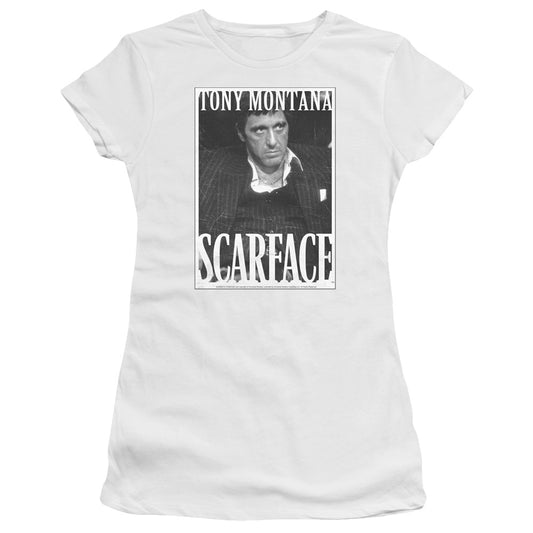 Scarface Business Face Junior Sheer Cap Sleeve Womens T Shirt White