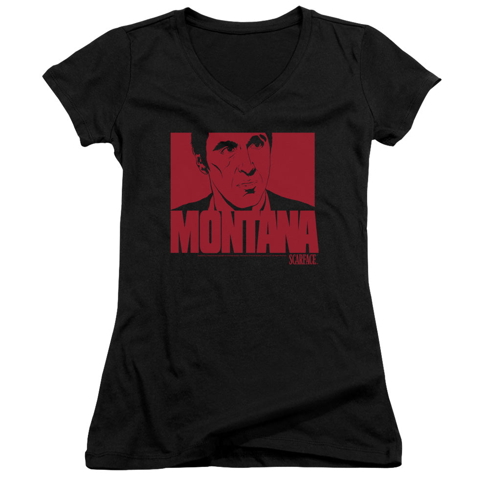 Scarface Montana Face Junior Sheer Cap Sleeve V-Neck Womens T Shirt Black