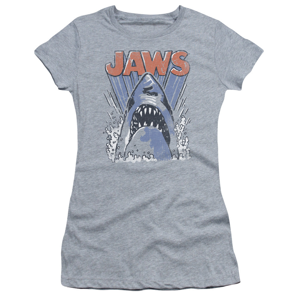 Jaws Comic Splash Junior Sheer Cap Sleeve Womens T Shirt Athletic Heather